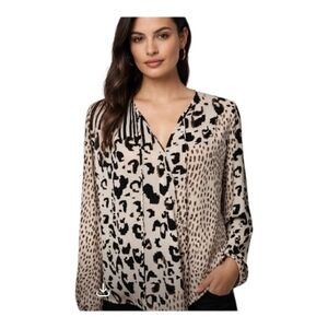 CAbi Beige and Black Mixed Animal Print V-Neck Blouse